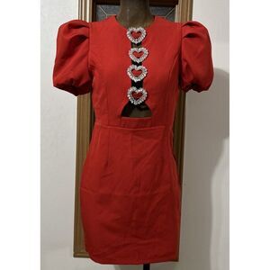 Fitted Pencil Mini Dress S/M Red Silver Rhinestone Heart Puff Sleeve Party